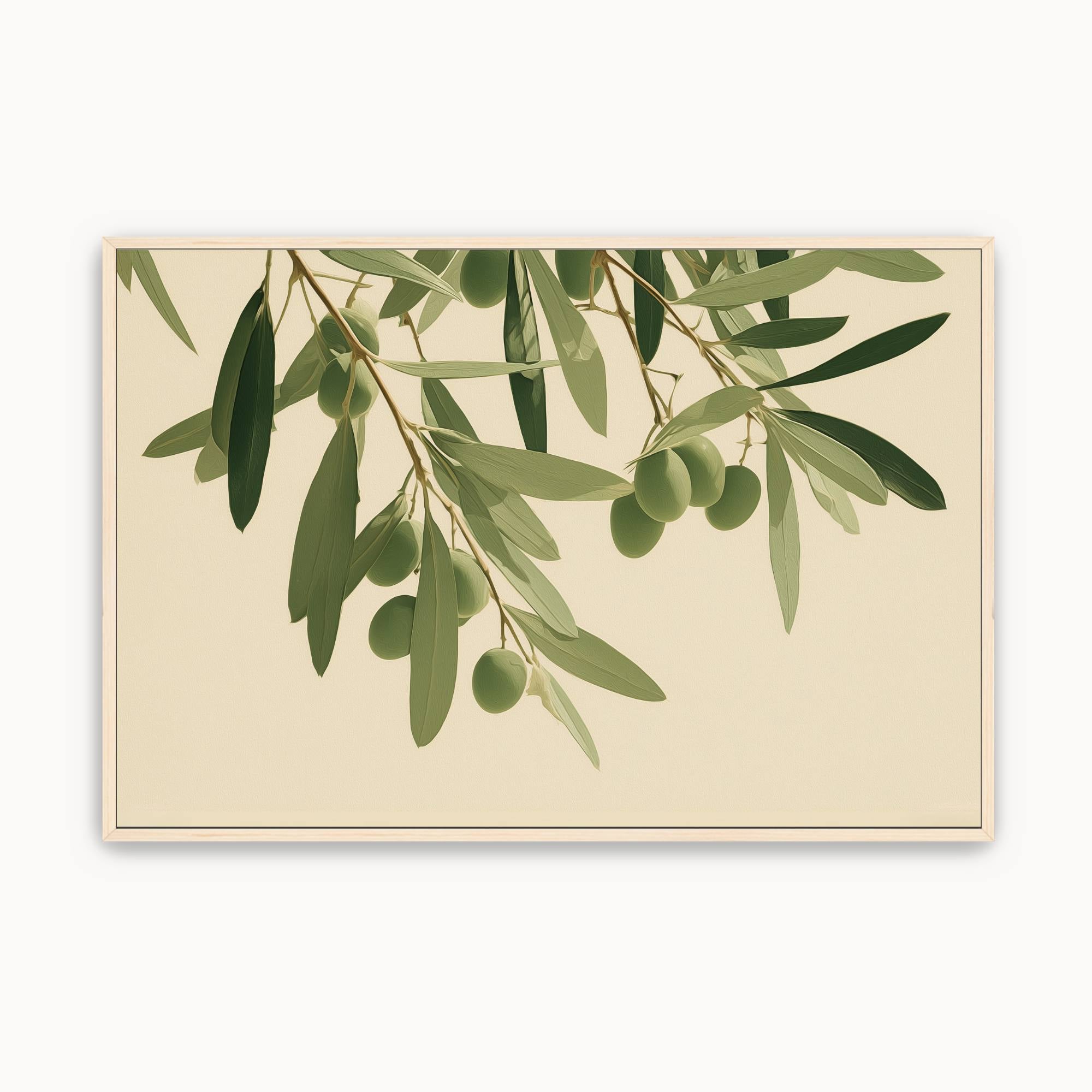 Minimalist olive branch wall art featuring fruit-bearing olive branches with green olives on a warm cream background for modern Christian botanical home decor.