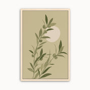 Minimalist olive branch wall art featuring elegant botanical illustration with soft sage green leaves and a warm rising sun for modern Christian home decor.