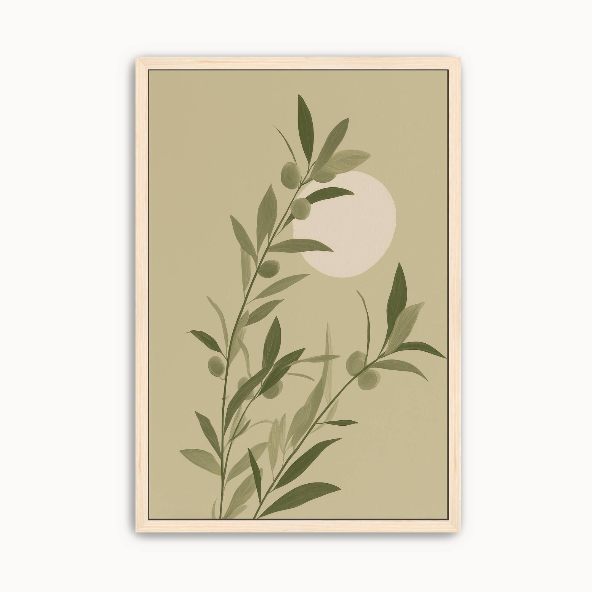 Minimalist olive branch wall art featuring elegant botanical illustration with soft sage green leaves and a warm rising sun for modern Christian home decor.