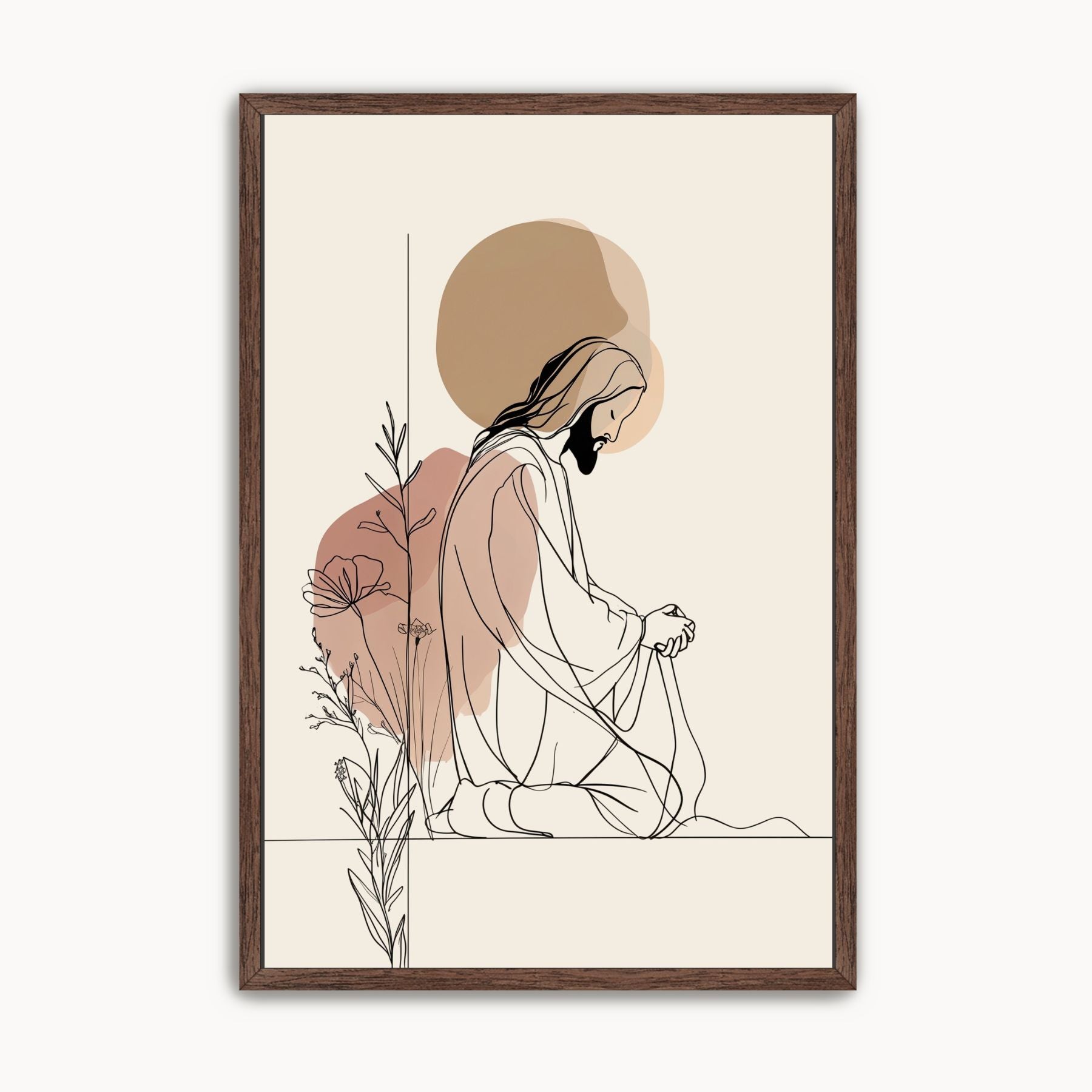 Minimalist line art wall art of Jesus in prayer with soft beige abstract shapes and botanical accents.