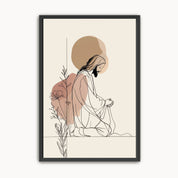 Minimalist line art Christian wall art of Jesus praying in neutral beige tones with modern abstract background.