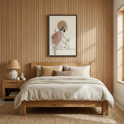 Minimalist Christian wall art of praying Jesus displayed above a wooden bed in a warm modern bedroom setting.