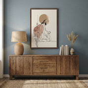 Modern abstract line art of Jesus praying in beige tones displayed in a calm blue wall interior setting.