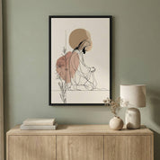 Modern minimalist Christian wall art of Jesus praying styled above a wooden console table with neutral home decor.