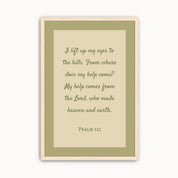 Minimalist Psalm 121:1–2 Scripture wall art featuring the Bible verse "My help comes from the Lord" in elegant sage green typography on a warm neutral background for modern Christian home decor.