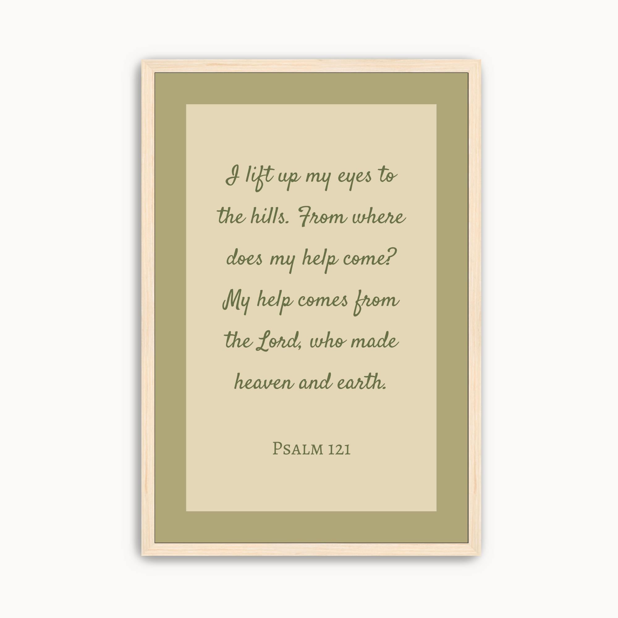 Minimalist Psalm 121:1–2 Scripture wall art featuring the Bible verse "My help comes from the Lord" in elegant sage green typography on a warm neutral background for modern Christian home decor.