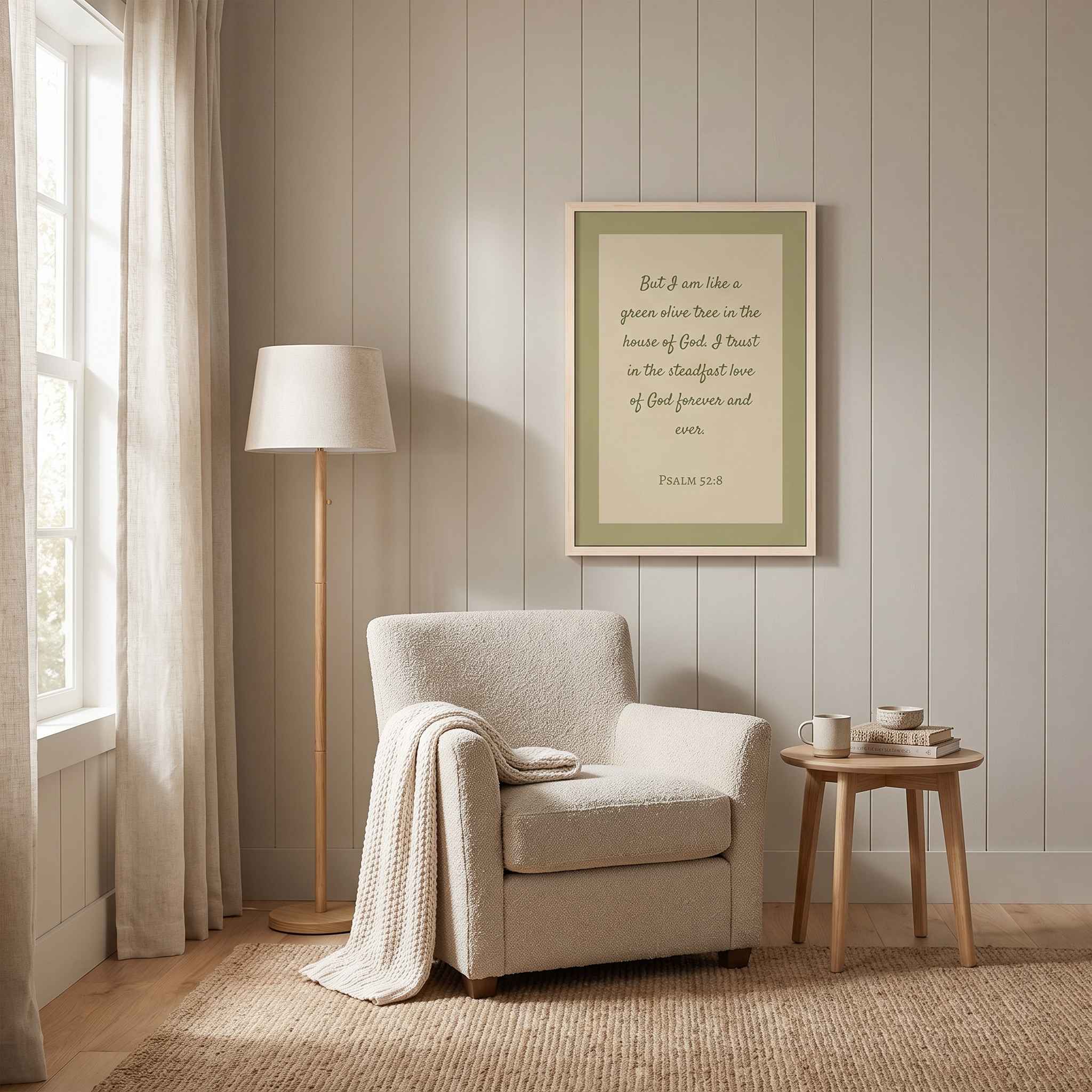 Minimalist Psalm 52:8 Scripture vertical framed canvas Christian wall art in soft sage green, displayed on a light gray paneled wall above a beige armchair in an organic modern reading nook.