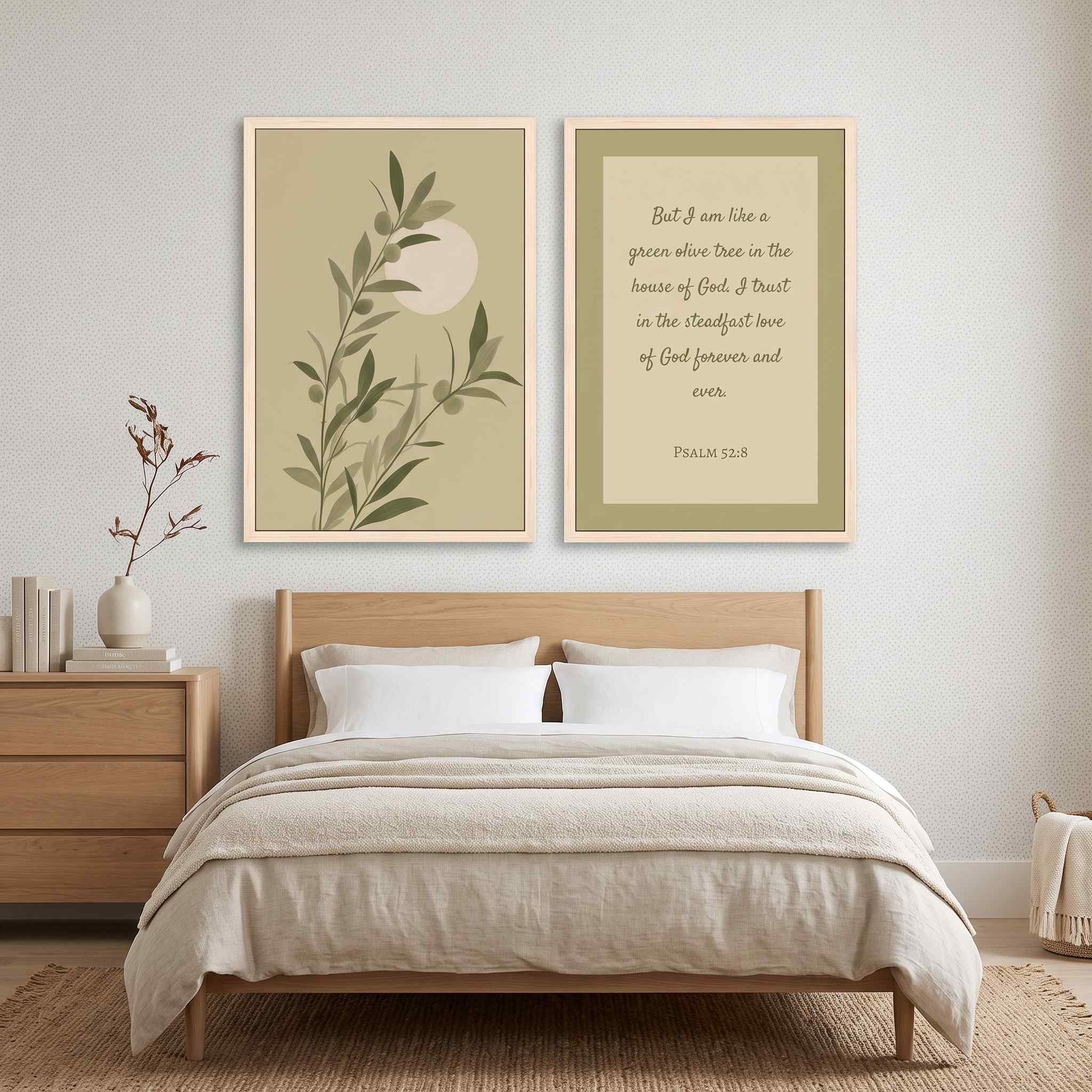 Minimalist Psalm 52:8 Scripture and olive branch 2-piece framed canvas Christian wall art set displayed on a neutral wall above a light wood bed in an organic modern bedroom.