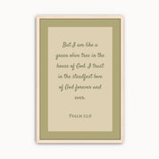 Minimalist Psalm 52:8 Scripture wall art featuring the Bible verse "I am like a green olive tree in the house of God" with elegant sage green typography for modern Christian home decor.