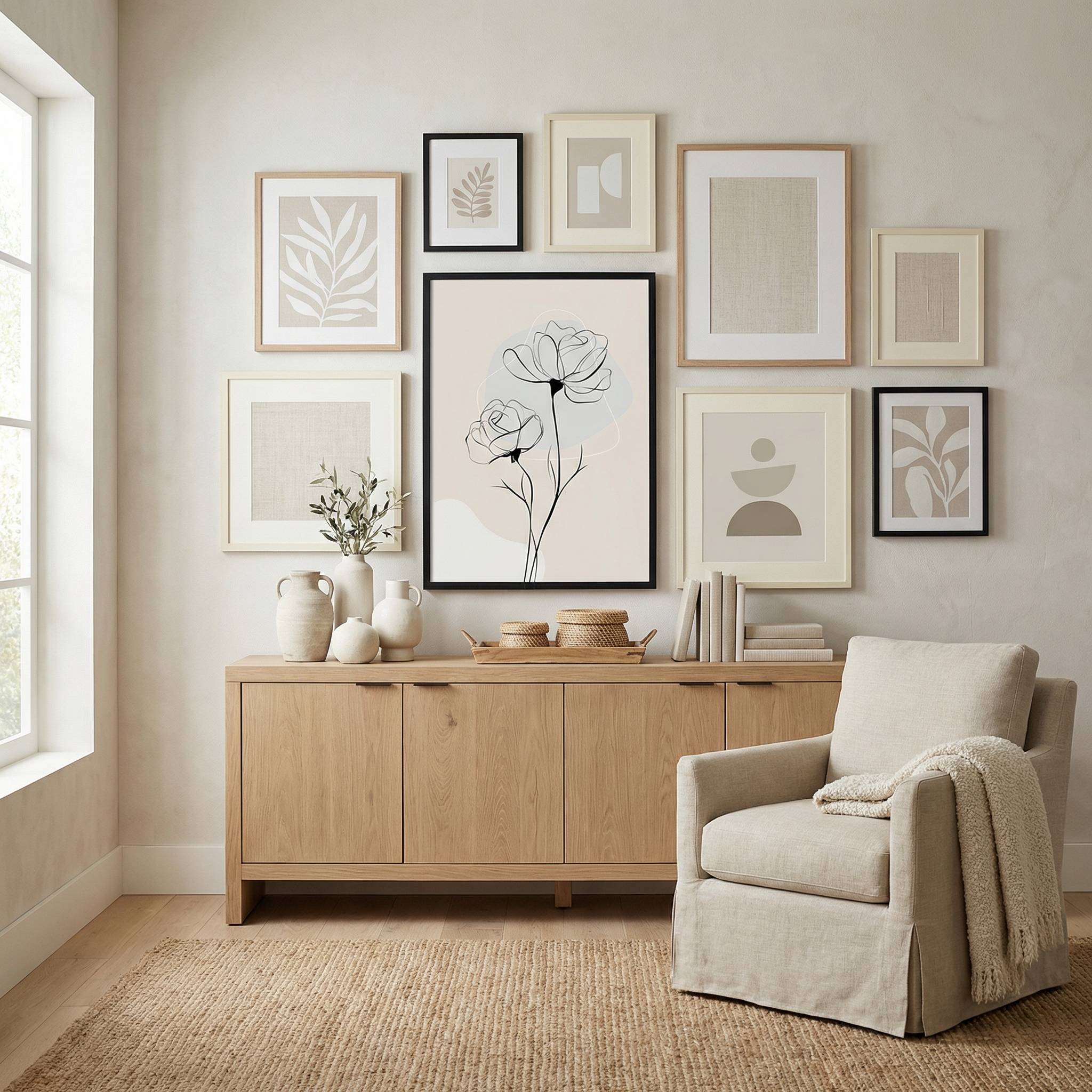 Minimalist Rose Line Art featured as the center of a neutral gallery wall set above a wooden sideboard and beige armchair.
