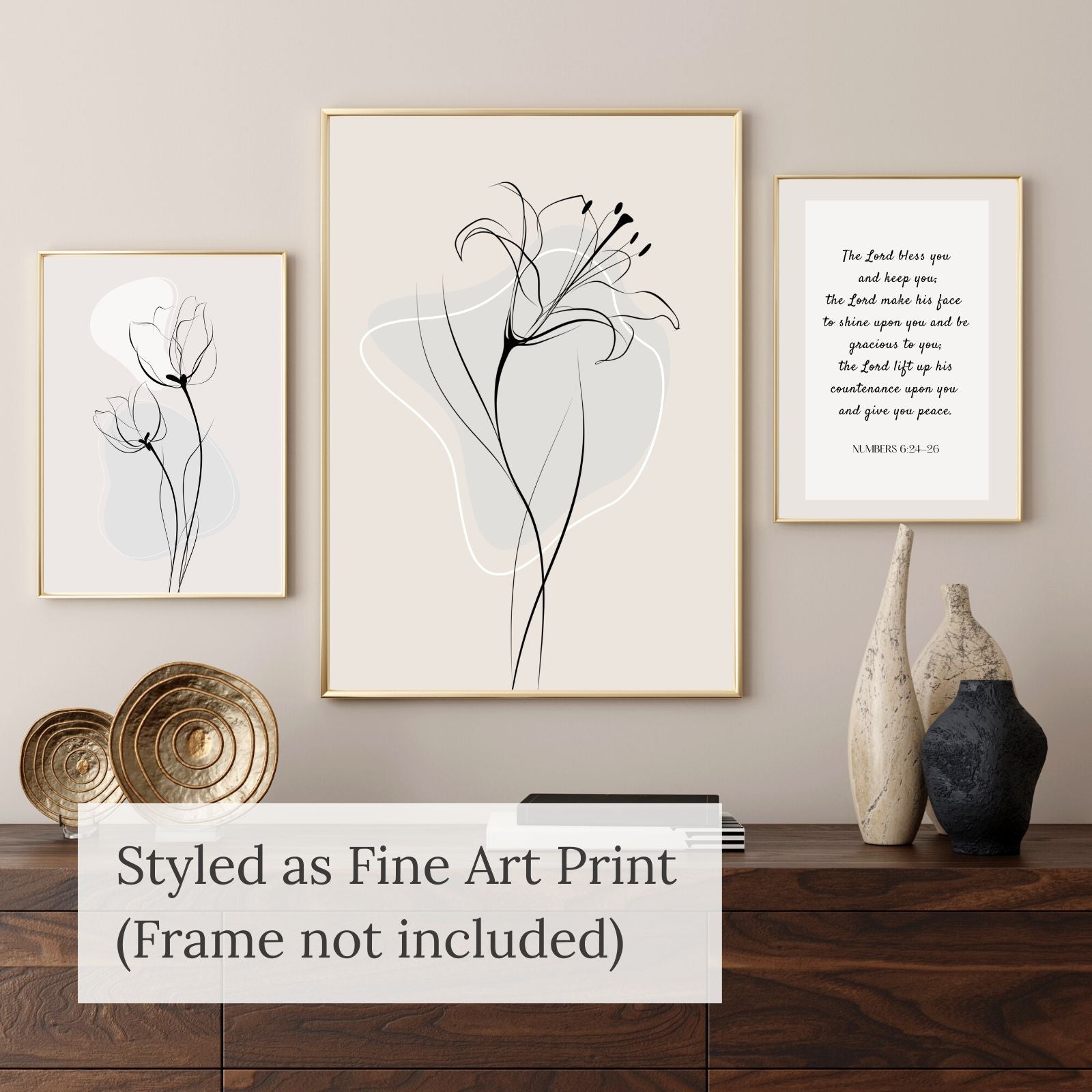 Minimalist Rose Line Art triptych set featuring two rose line drawings and a central "The Lord Bless You" scripture print on a white shiplap wall.