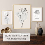 Minimalist Rose Line Art triptych set featuring two rose line drawings and a central "The Lord Bless You" scripture print on a white shiplap wall.