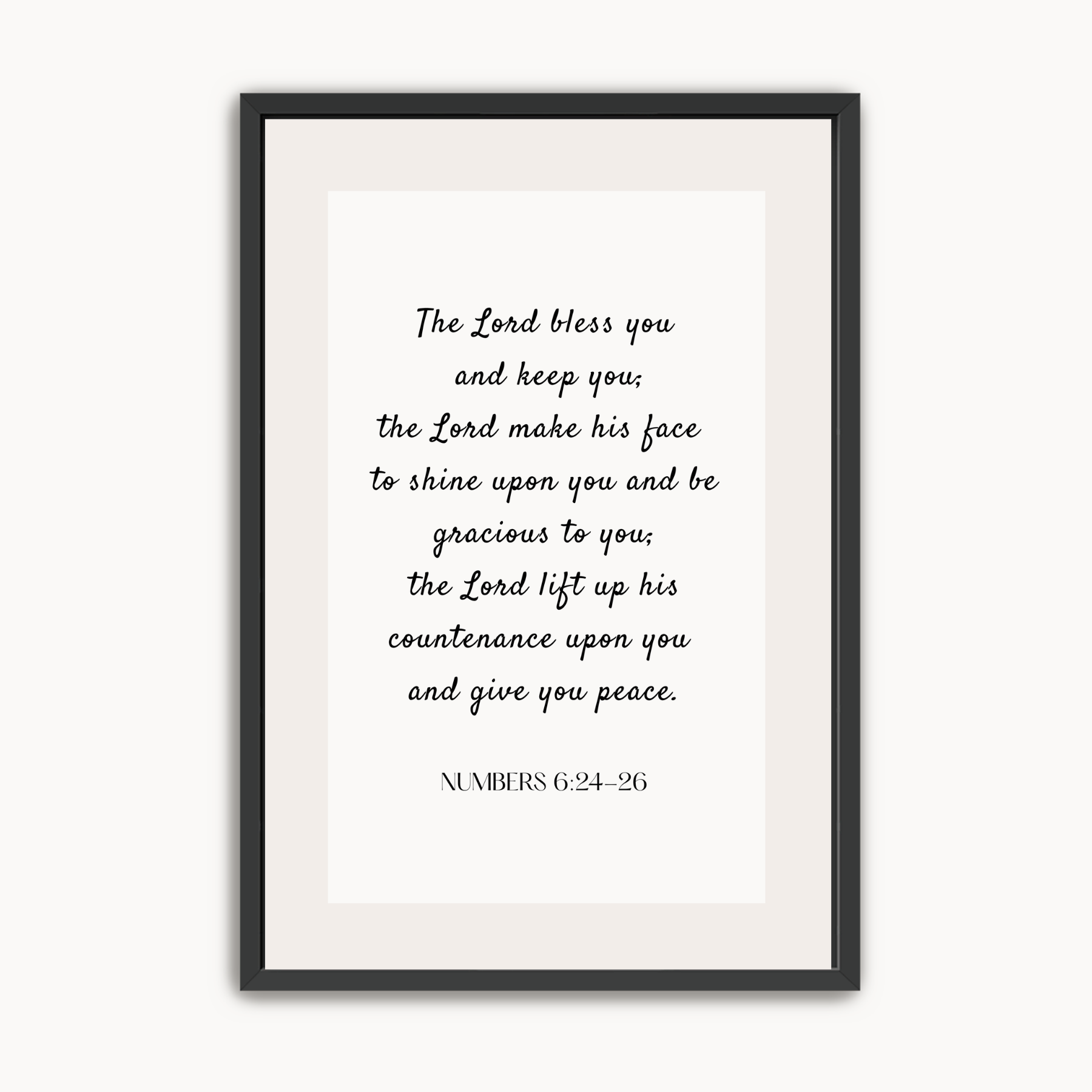 Minimalist Scripture Wall Art featuring the "The Lord bless you and keep you" blessing from Numbers 6:24-26 in black modern typography on a neutral beige background with a black frame.