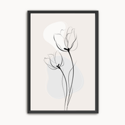 Minimalist tulip line art wall decor with black floral outlines on a neutral beige and gray background in a black frame.