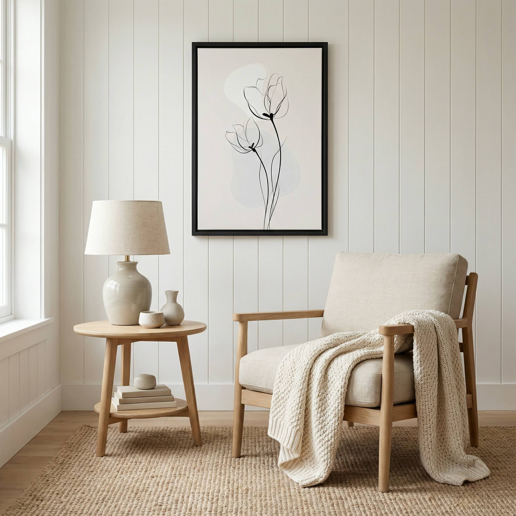 Framed minimalist tulip line art hanging in a cozy reading nook with a beige armchair, wooden side table, and cream textured throw blanket.