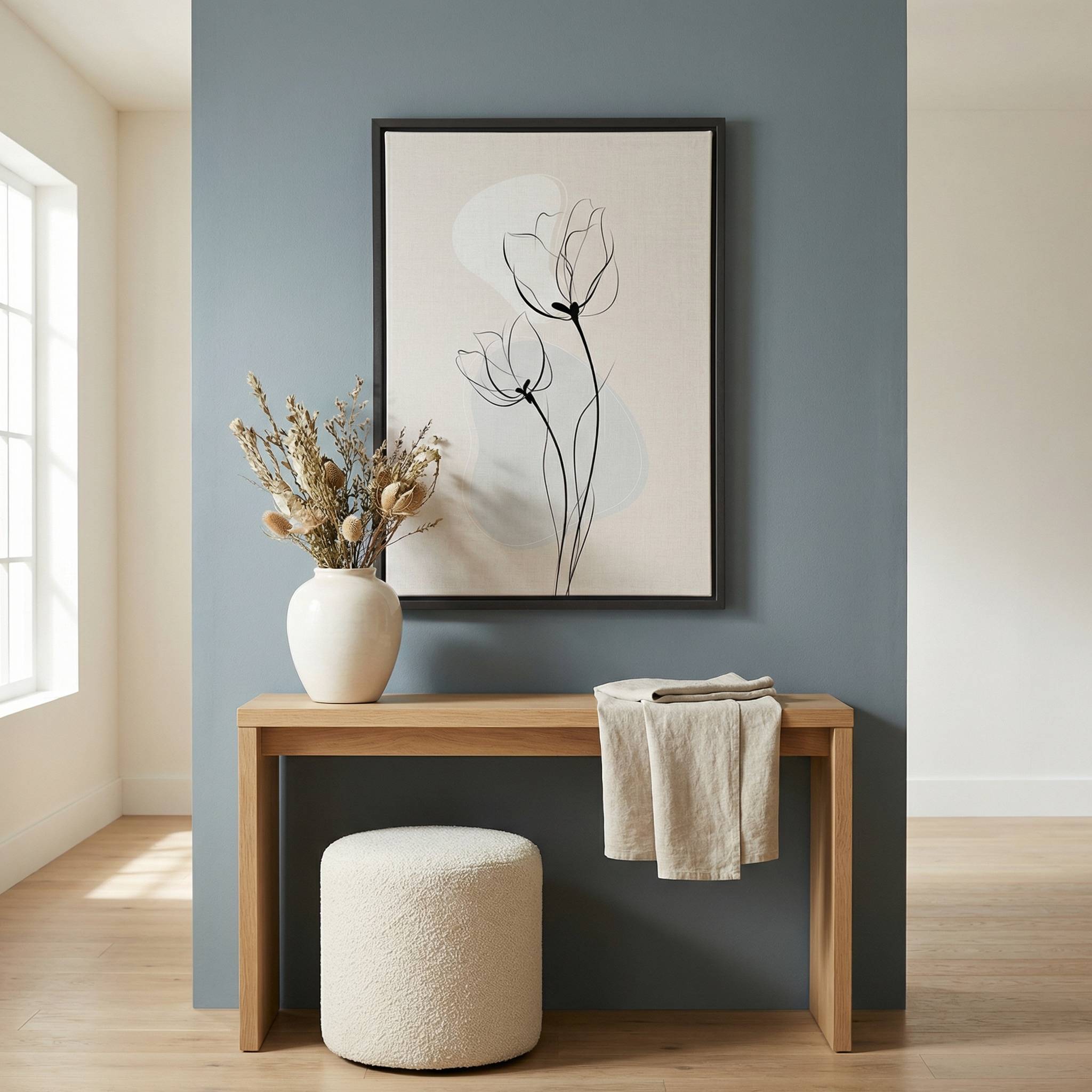 Framed minimalist tulip line art hanging on a blue-gray wall above a wooden console table with a white vase and neutral home decor.