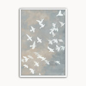 Minimalist white dove Christian wall art featuring peaceful flying doves on a neutral background, symbolizing the Holy Spirit, peace, hope, and God's presence. Modern Christian canvas artwork for living room, bedroom, office, or prayer room.