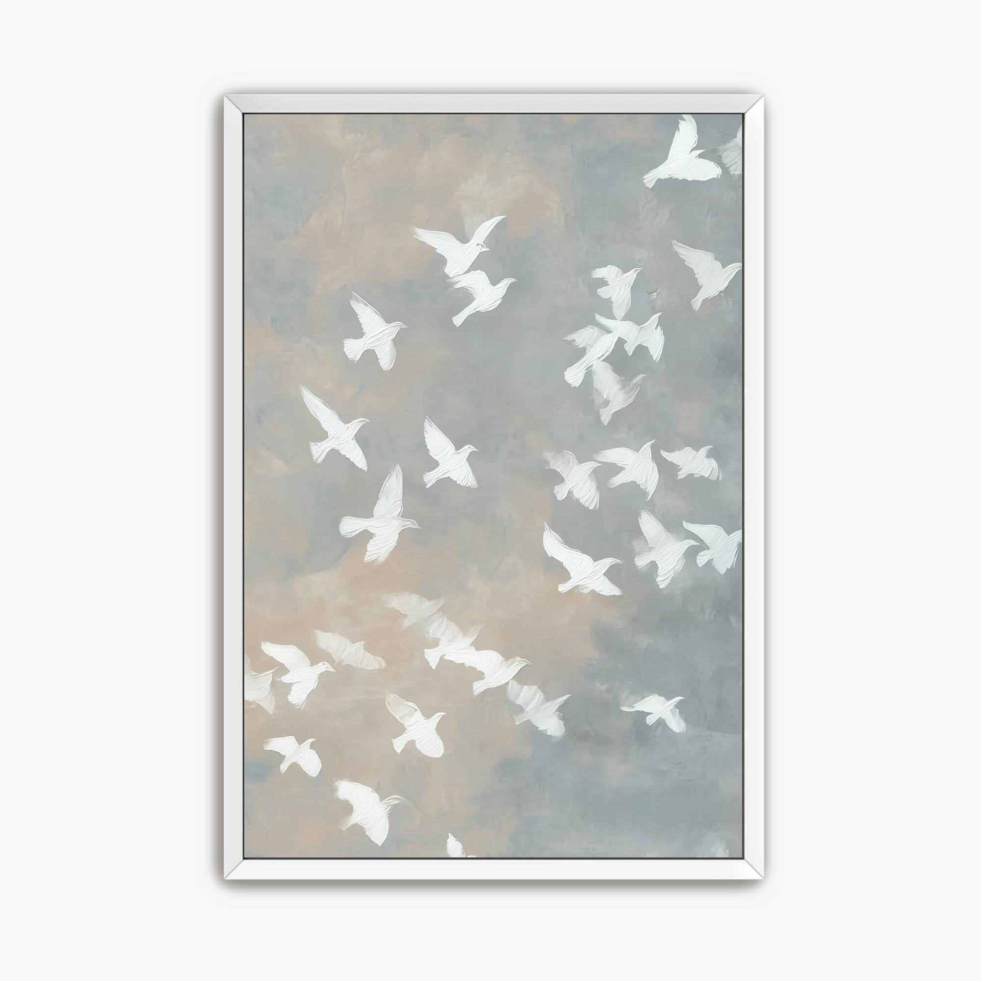 Minimalist white dove Christian wall art featuring peaceful flying doves on a neutral background, symbolizing the Holy Spirit, peace, hope, and God's presence. Modern Christian canvas artwork for living room, bedroom, office, or prayer room.