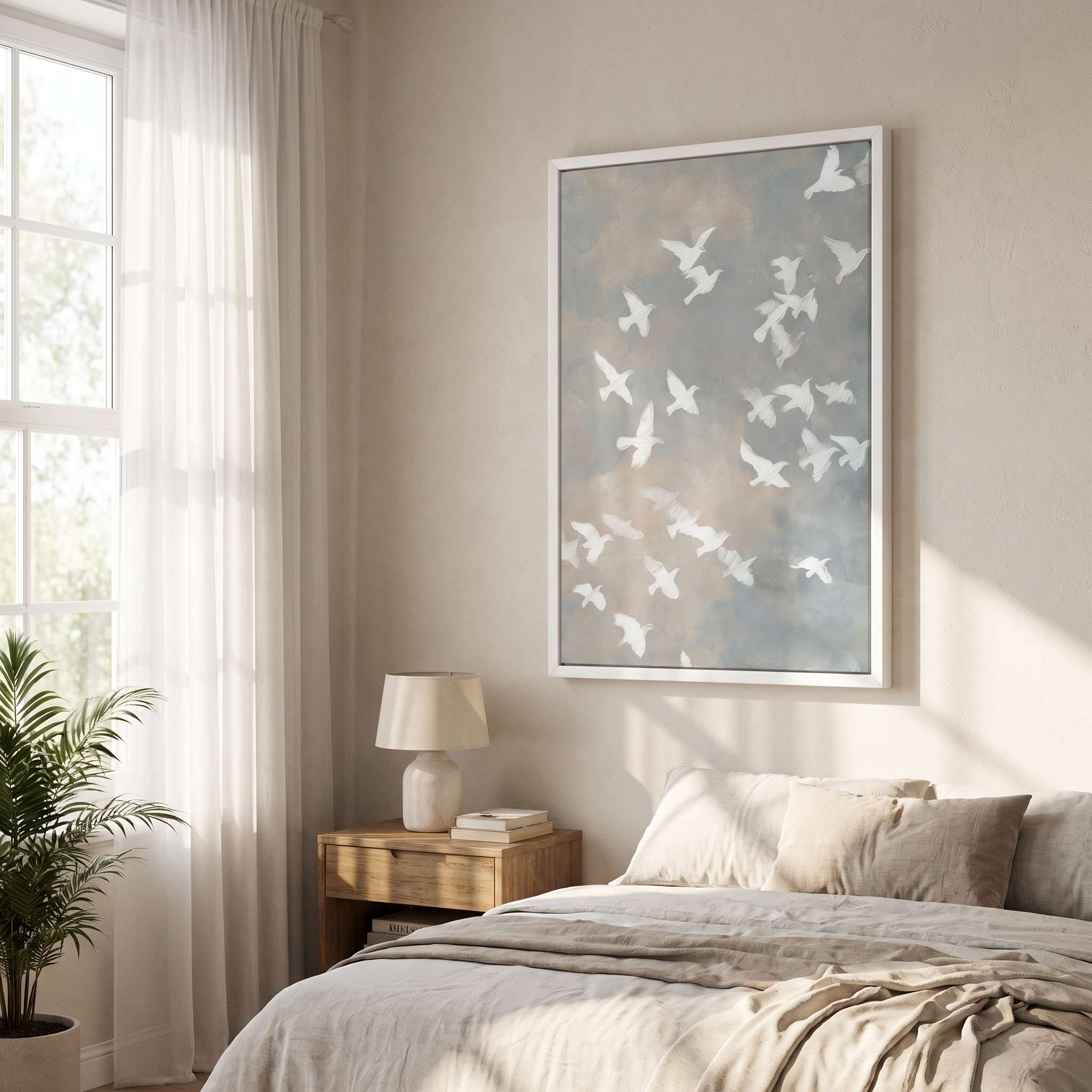 Framed minimalist white dove Christian wall art featuring peaceful flying doves, displayed above a bed in a softly lit, organic modern bedroom with a nightstand and lamp.
