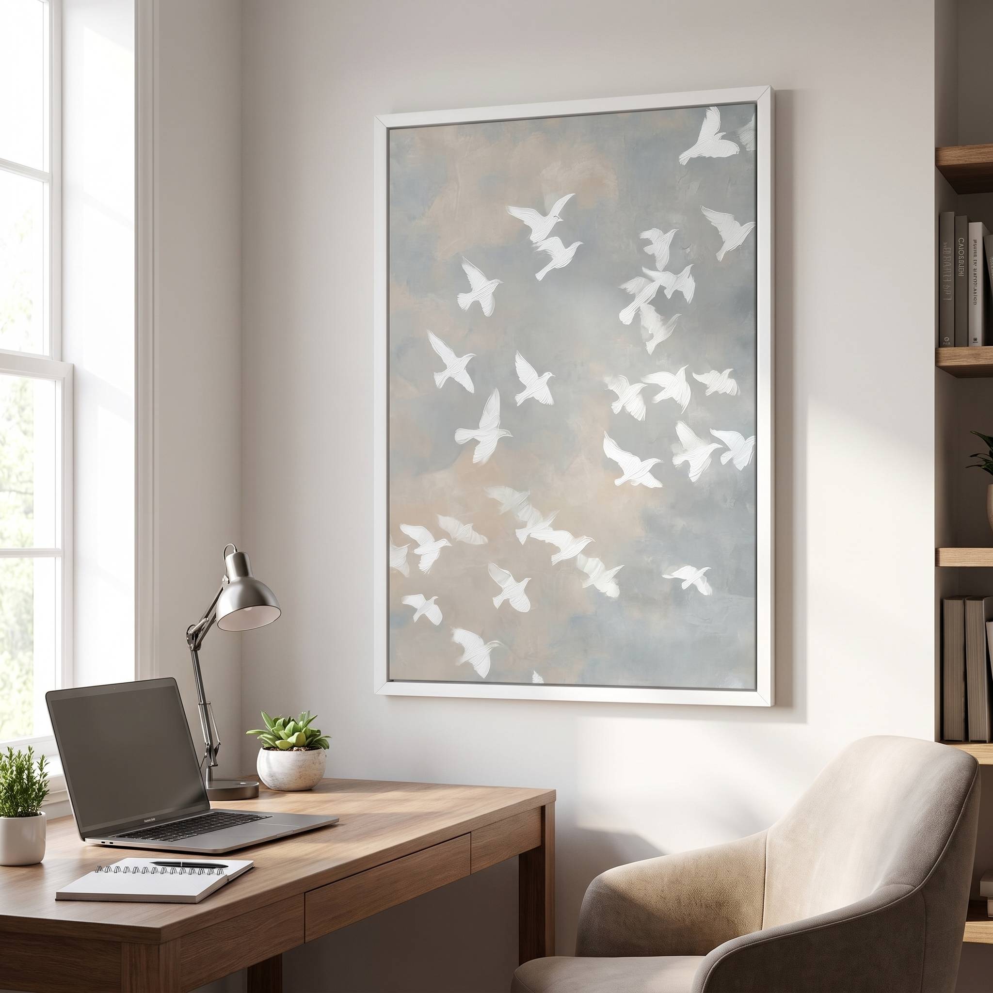 Framed minimalist white dove Christian wall art featuring peaceful flying doves, displayed above a wooden desk with a laptop and lamp in a modern home office.