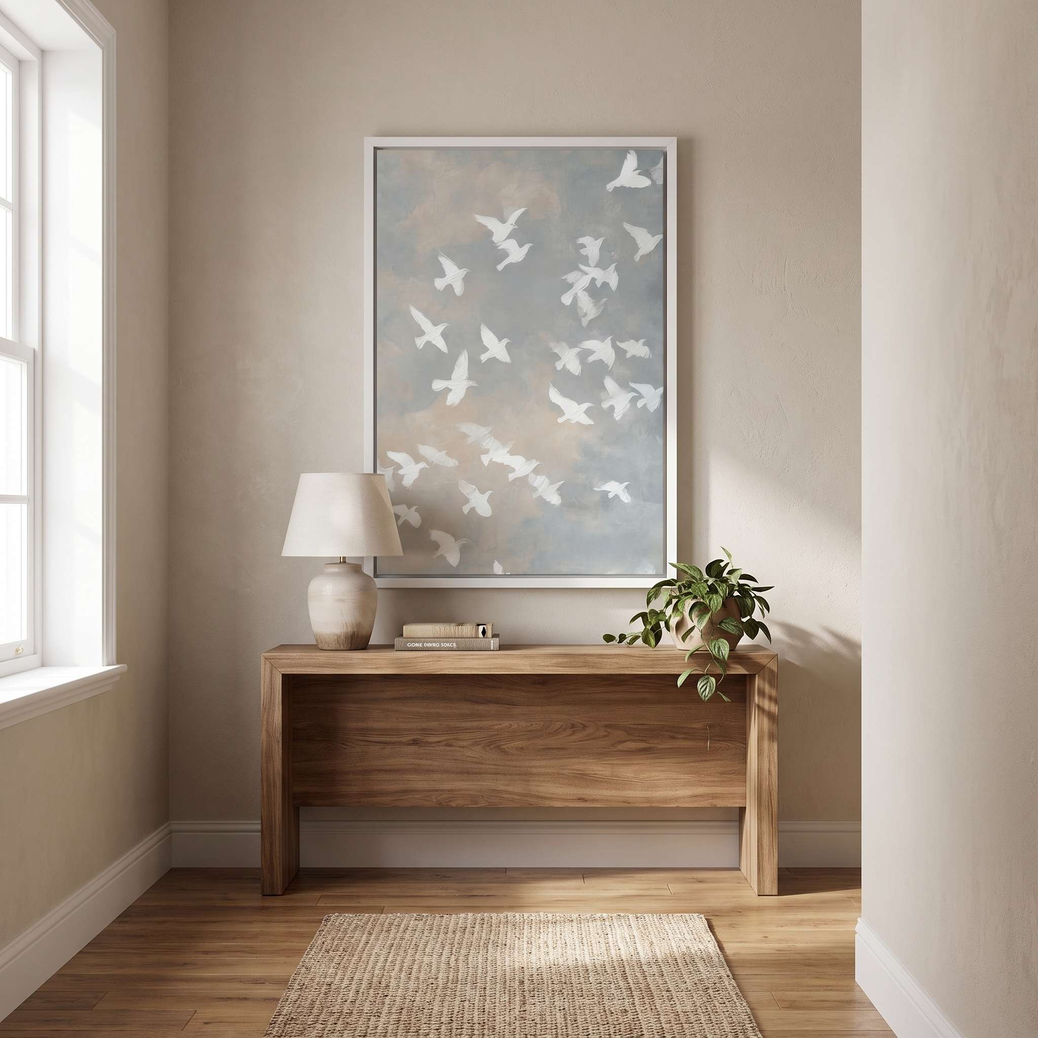 Framed minimalist white dove Christian wall art featuring peaceful flying doves, displayed above a light wood console table in a bright, modern hallway entry.