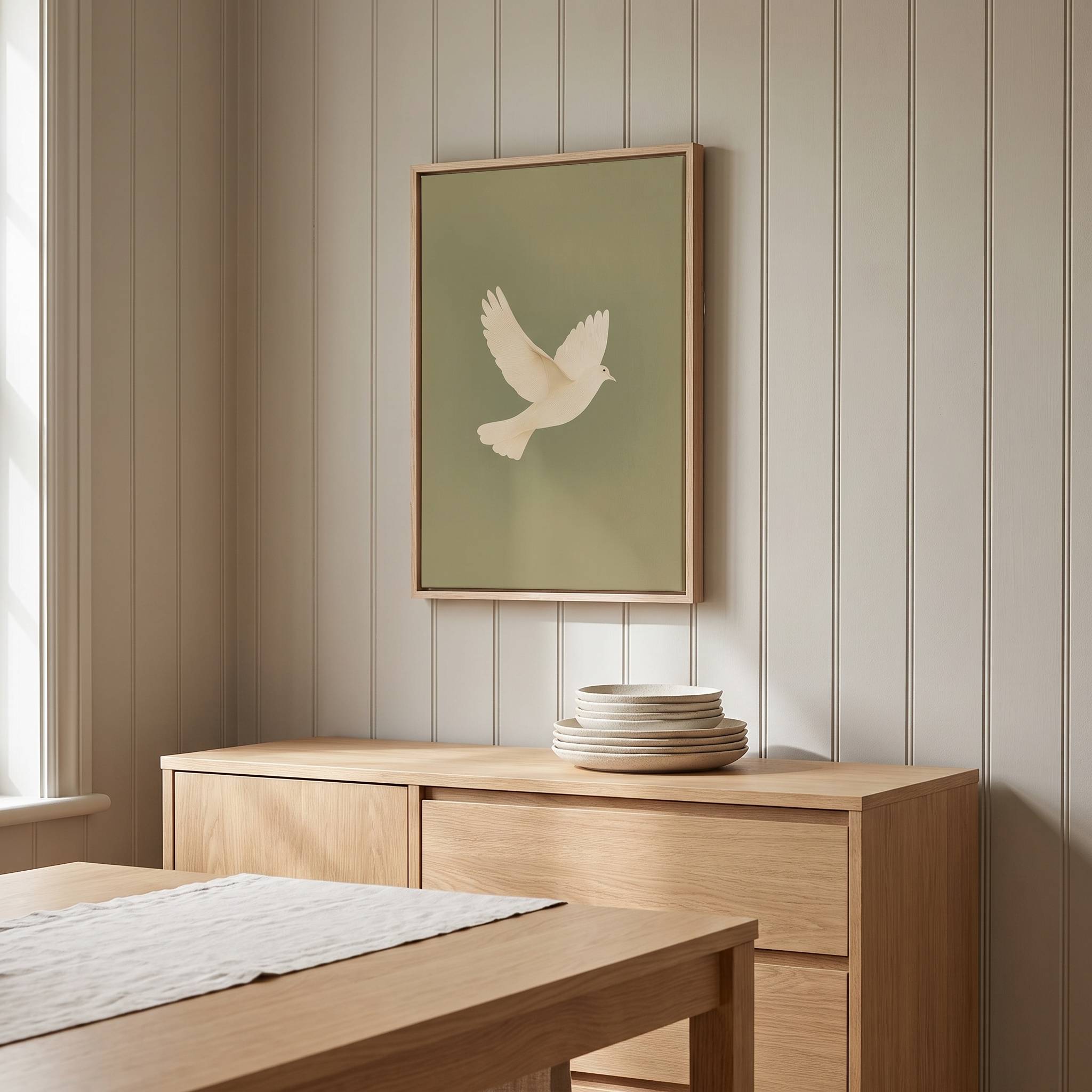 Minimalist white dove holy spirit vertical framed canvas wall art displayed on a beige paneled wall above a light wood sideboard in an organic modern dining room.