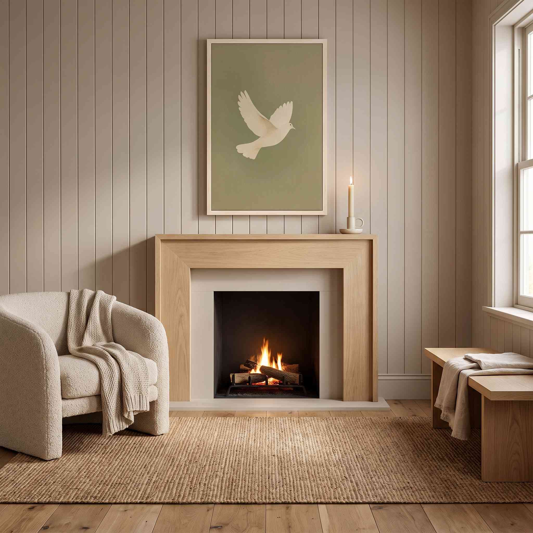Minimalist white dove vertical framed canvas wall art displayed on a vertical paneled wall above a light wood fireplace mantel in an organic modern living room.