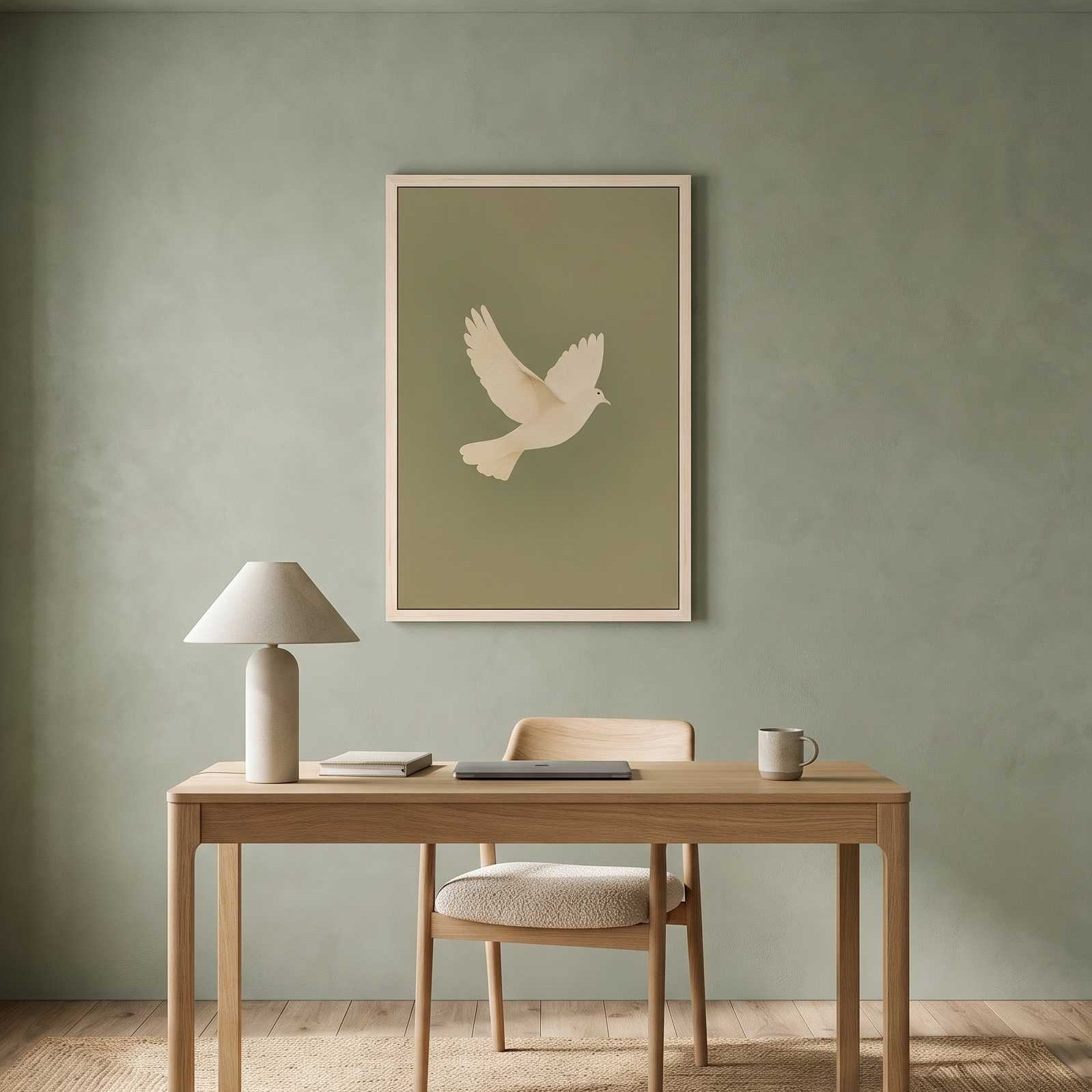 Minimalist white dove holy spirit vertical framed canvas wall art displayed on a sage green wall above a light wood desk in an organic modern workspace.