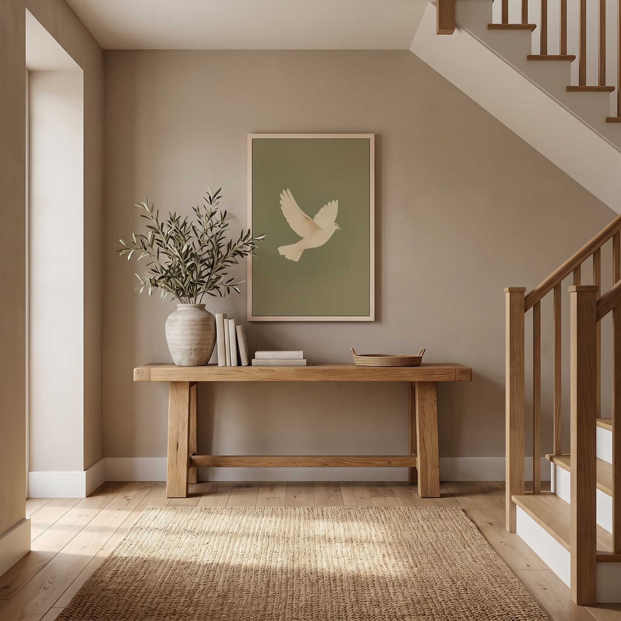 Minimalist white dove vertical framed canvas wall art displayed on a beige wall above a light wood console table in a staircase entryway with organic modern decor.