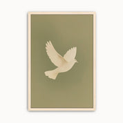 Minimalist white dove wall art featuring an elegant dove in flight on a soft olive green background, symbolizing the Holy Spirit, peace, and hope for modern Christian home decor.
