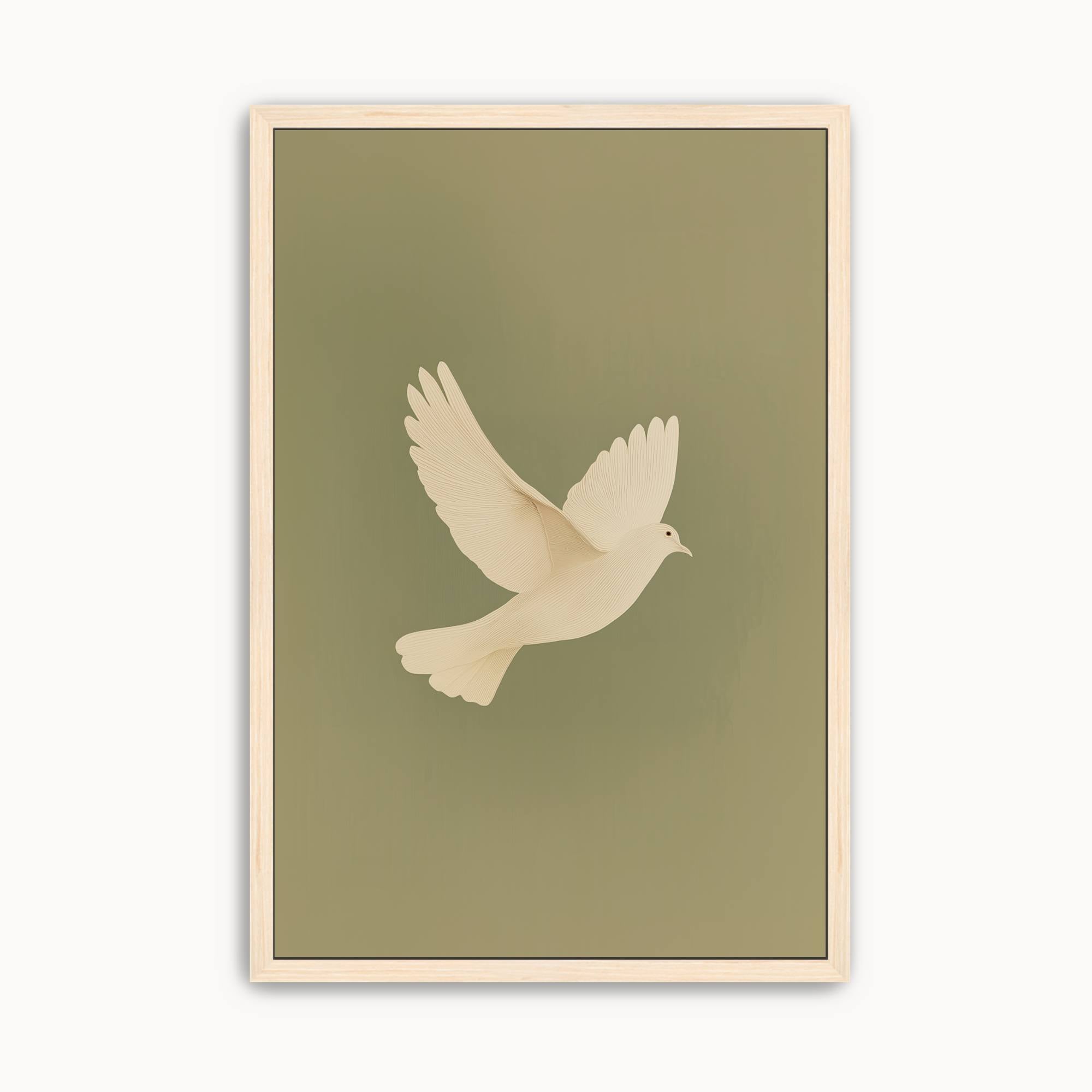 Minimalist white dove wall art featuring an elegant dove in flight on a soft olive green background, symbolizing the Holy Spirit, peace, and hope for modern Christian home decor.