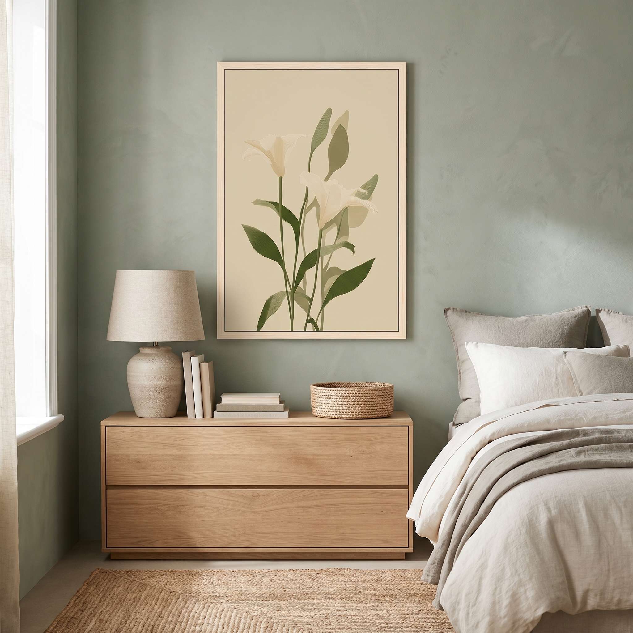 Minimalist white lily vertical framed canvas Christian wall art in soft sage green displayed on a textured green wall above a light wood dresser in an organic modern bedroom.