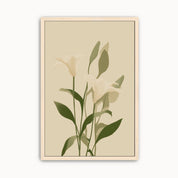 Minimalist white lily wall art featuring elegant white lilies with sage green leaves on a warm neutral background for modern Christian, Scandinavian, and Japandi home decor.