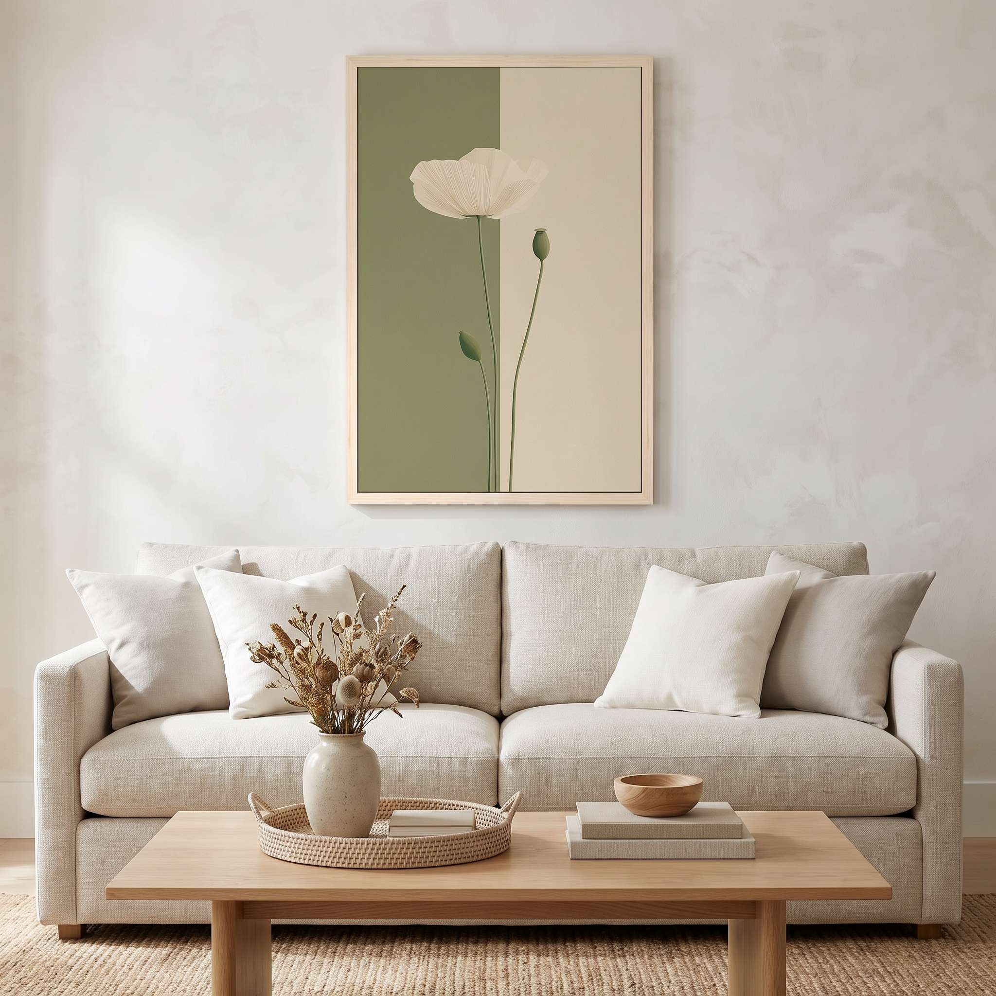 Minimalist white poppy vertical framed canvas wall art displayed on a textured beige wall above a neutral sofa in an organic modern living room.
