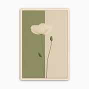 Minimalist white poppy wall art featuring elegant botanical line art with sage green and neutral color-block design for modern, Scandinavian, and Japandi home decor.
