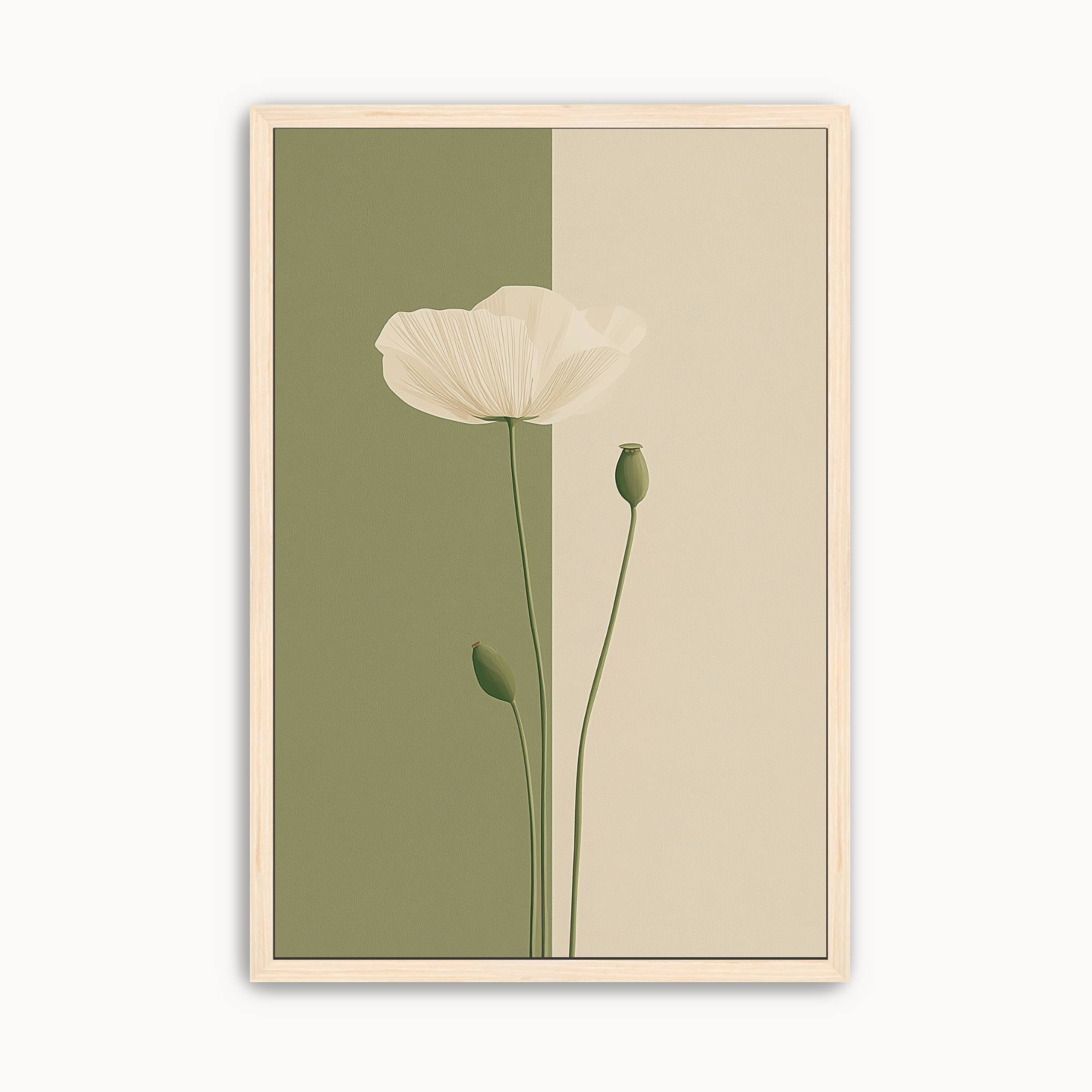 Minimalist white poppy wall art featuring elegant botanical line art with sage green and neutral color-block design for modern, Scandinavian, and Japandi home decor.