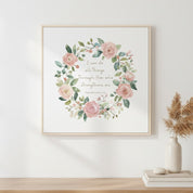 Strength in Christ, Pink Roses Watercolor Wreath Christian Wall Art, Philippians 4:13