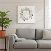 Strength in Christ, Pink Roses Watercolor Wreath Christian Wall Art, Philippians 4:13