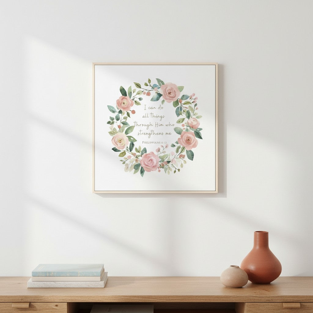 Strength in Christ, Pink Roses Watercolor Wreath Christian Wall Art, Philippians 4:13