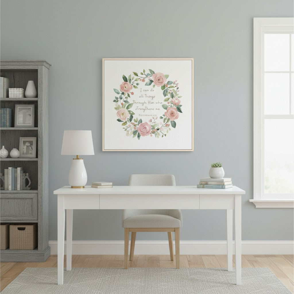Strength in Christ, Pink Roses Watercolor Wreath Christian Wall Art, Philippians 4:13