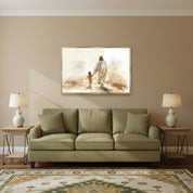 Follow Jesus, Jesus Walking Hand in Hand with a Child Watercolor Wall Art