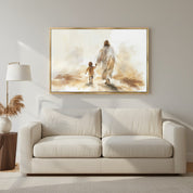 Follow Jesus, Jesus Walking Hand in Hand with a Child Watercolor Wall Art