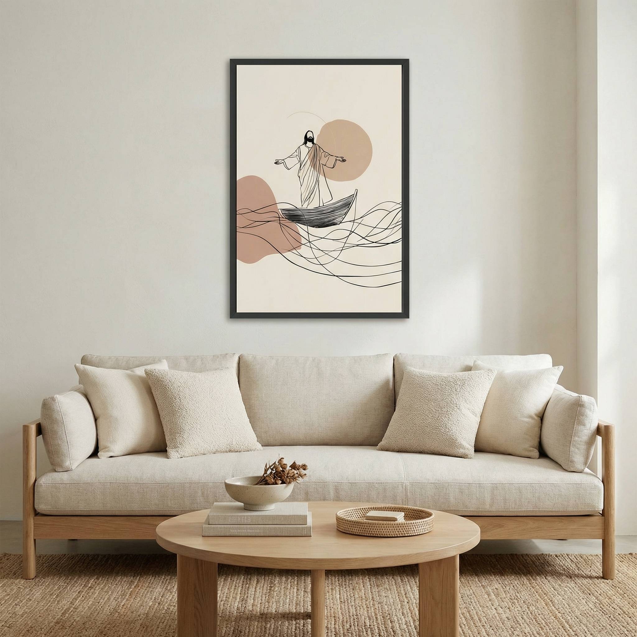 Modern abstract Christian wall art of Jesus calming the storm displayed on a textured neutral wall background.