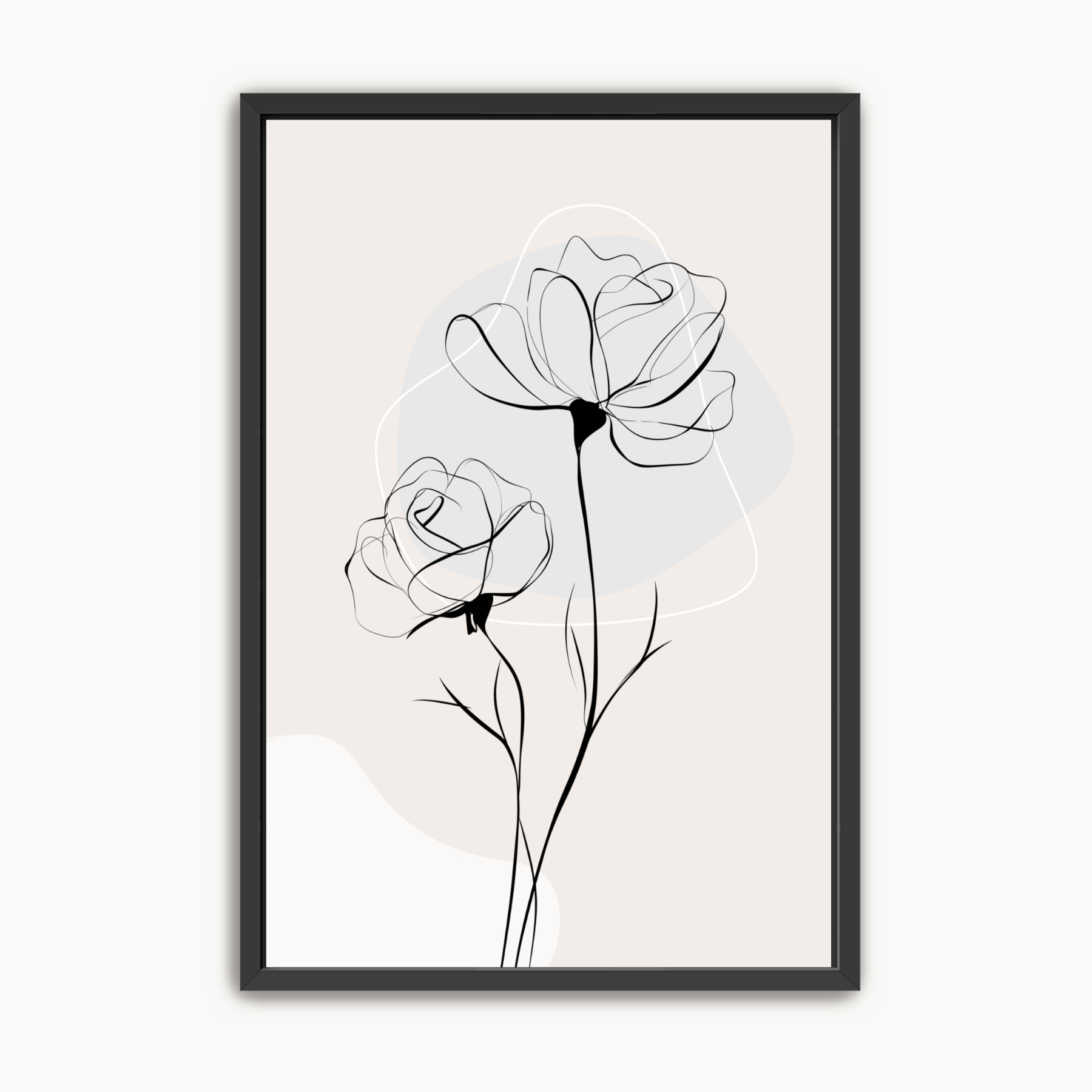 Minimalist Rose Line Art featuring a black ink botanical drawing on a neutral beige background in a sleek black frame.