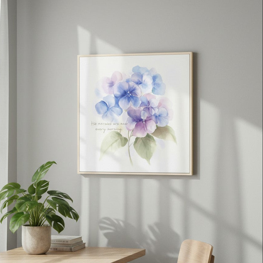 Framed Christian canvas featuring Proverbs 3:5, “Trust in the Lord with all your heart,” displayed above a console table with soft natural light and greenery.