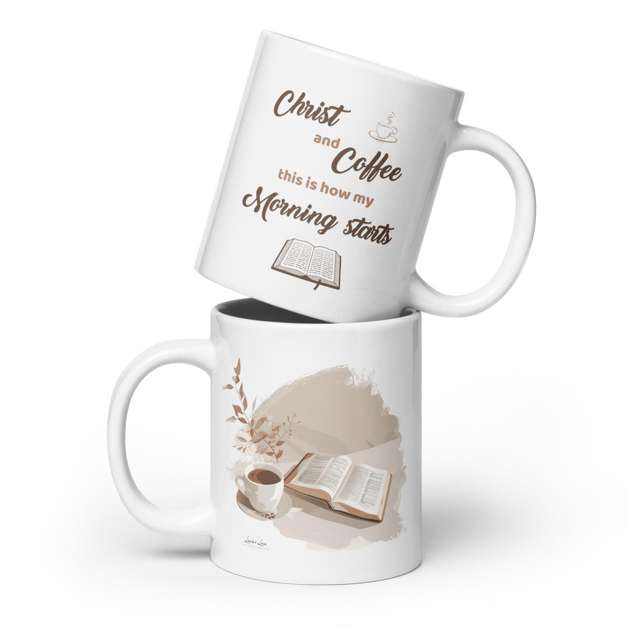 Morning Starts with Christ and Coffee, White Interior Mug - Lamb’s Love