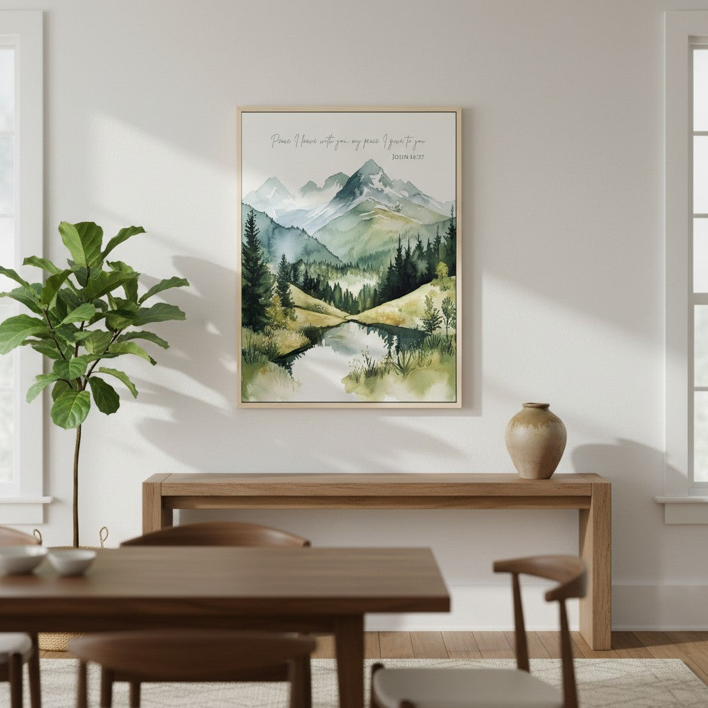 Mountain stream watercolor Christian wall art with John 14:27 verse, displayed on a modern green wall above a wooden shelf.