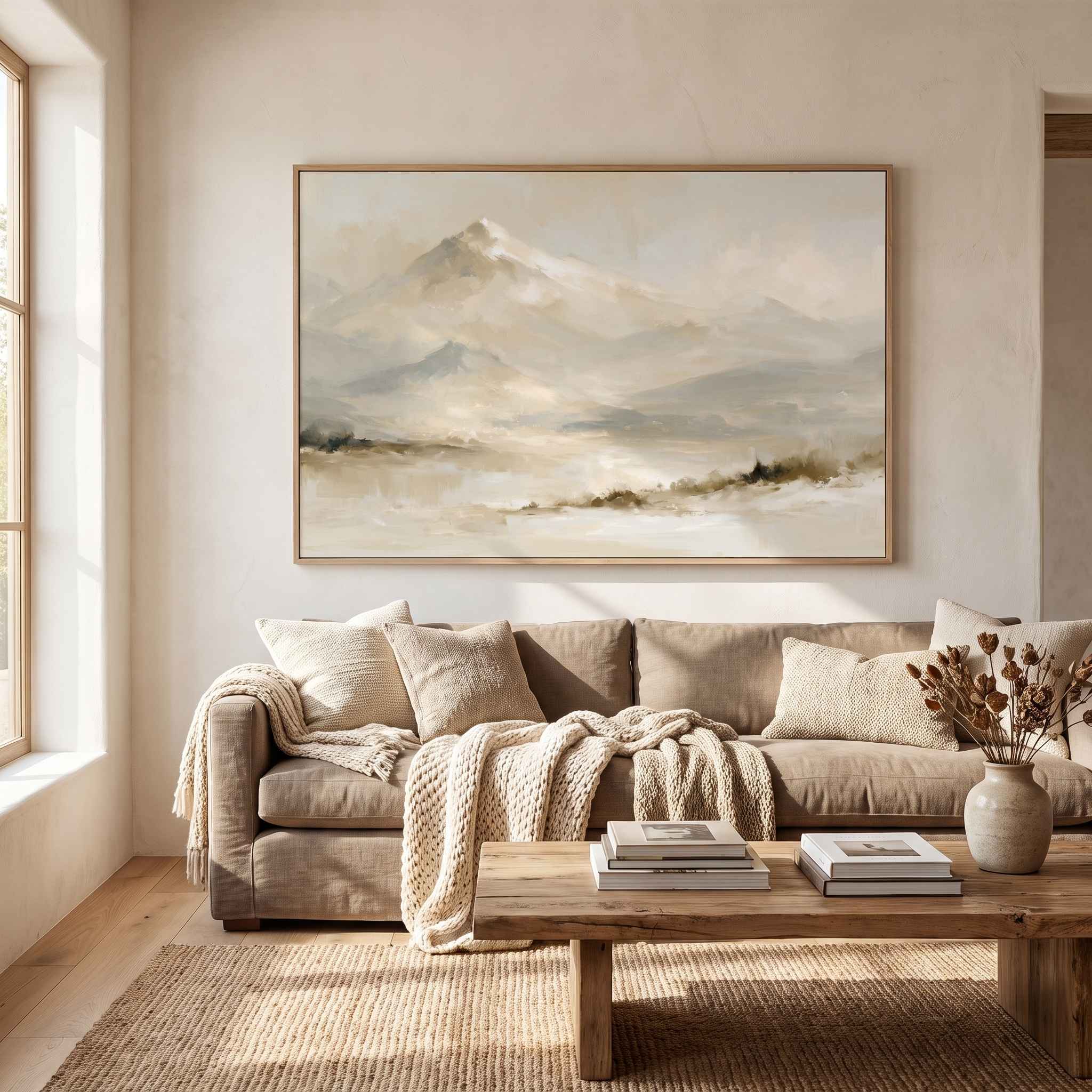 Framed vintage Psalm 121:2 Christian landscape canvas wall art featuring snow-capped mountains hanging on a beige wall above a warm beige sofa and rustic wooden coffee table in a modern organic living room.