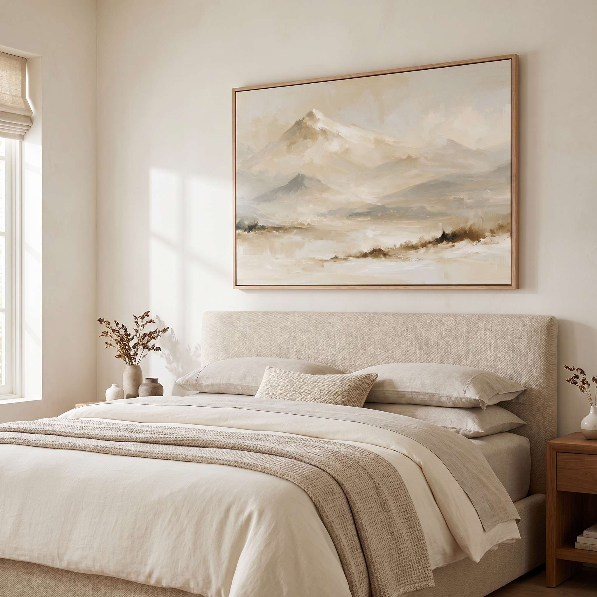 Framed vintage Psalm 121:2 Christian landscape canvas wall art featuring snow-capped mountains hanging on a beige wall above an upholstered bed in a warm neutral bedroom.