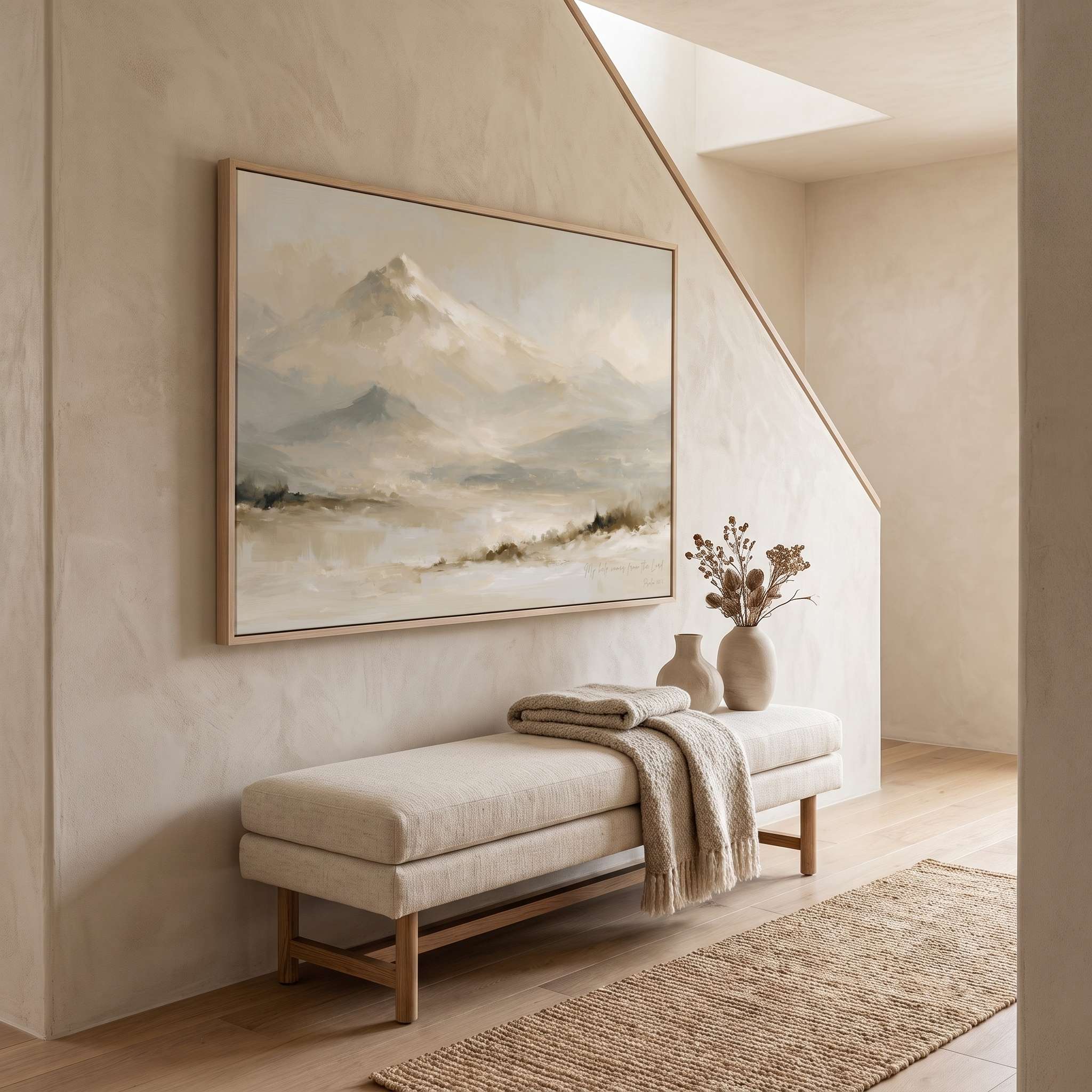 Framed vintage Psalm 121:2 Christian landscape canvas wall art featuring snow-capped mountains hanging on a textured beige wall in a staircase hallway above an upholstered bench with a throw blanket, ceramic vases, and a jute runner.